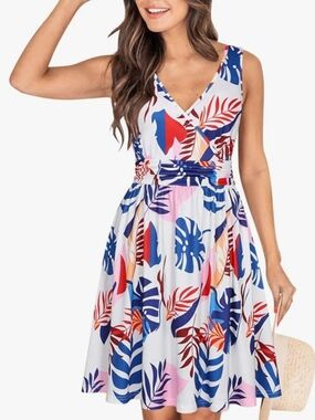 Printed V-Neck Sleeveless Summer Dress - White with Blue & Red Leaf Print (49)